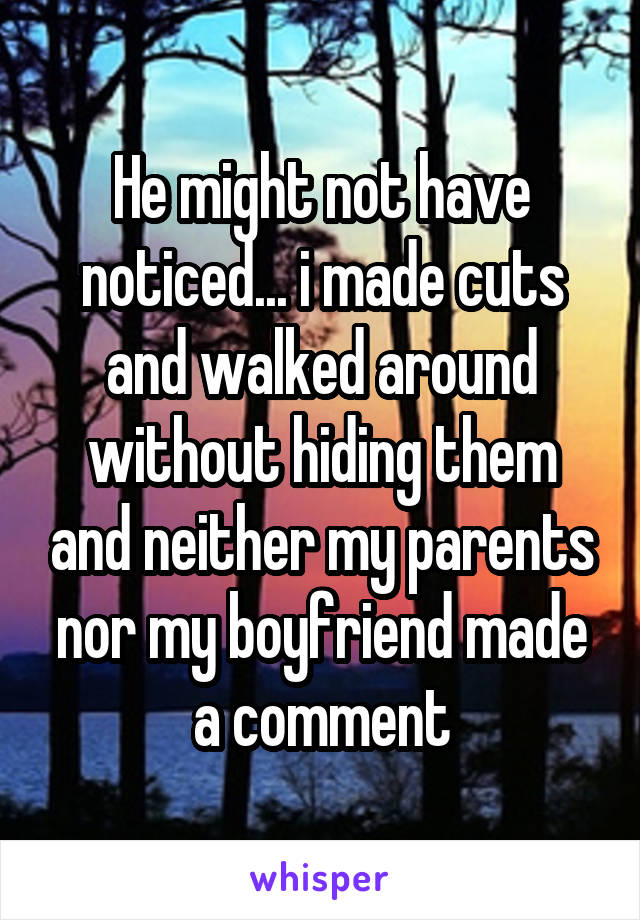 He might not have noticed... i made cuts and walked around without hiding them and neither my parents nor my boyfriend made a comment