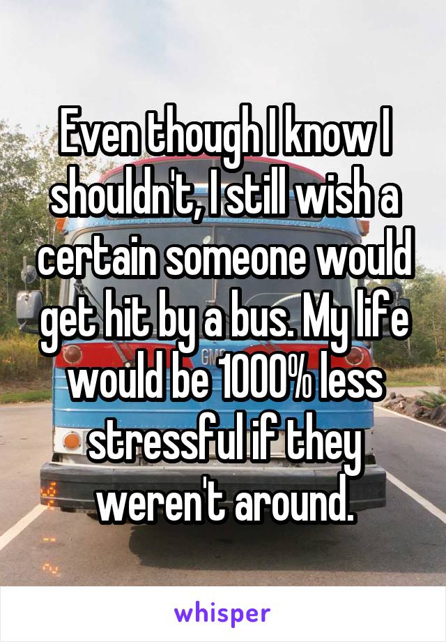 Even though I know I shouldn't, I still wish a certain someone would get hit by a bus. My life would be 1000% less stressful if they weren't around.