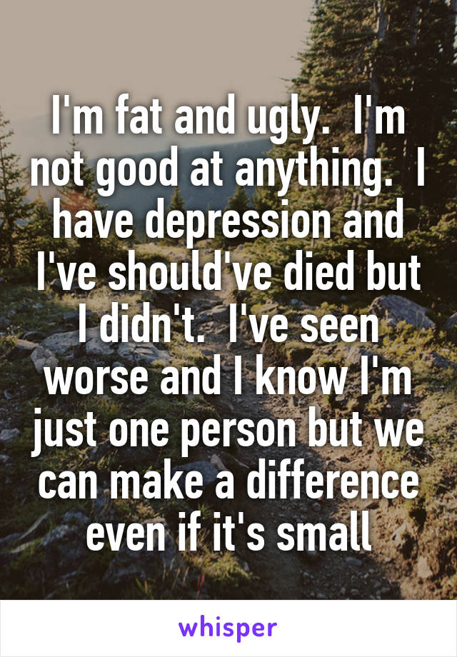 I'm fat and ugly.  I'm not good at anything.  I have depression and I've should've died but I didn't.  I've seen worse and I know I'm just one person but we can make a difference even if it's small