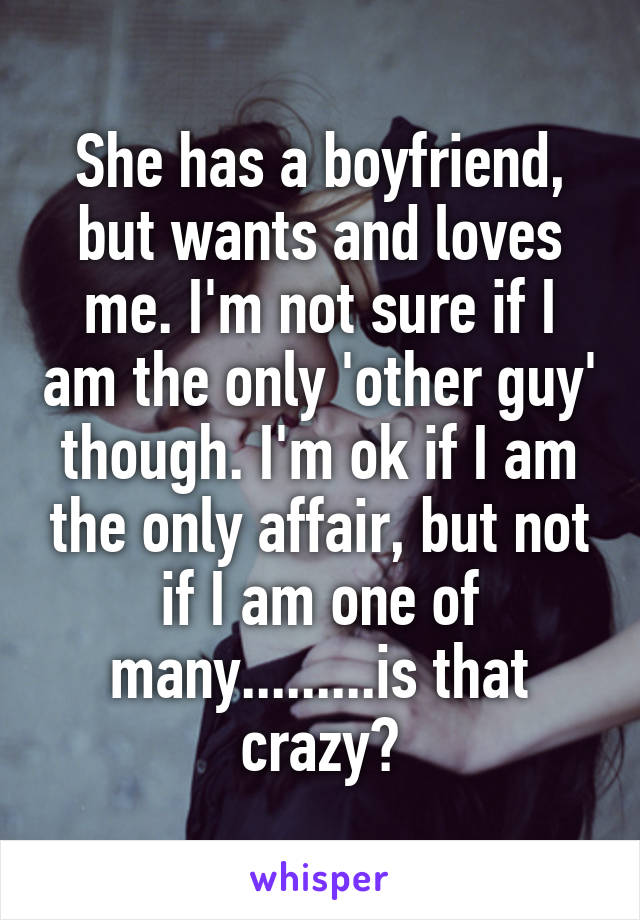 She has a boyfriend, but wants and loves me. I'm not sure if I am the only 'other guy' though. I'm ok if I am the only affair, but not if I am one of many.........is that crazy?
