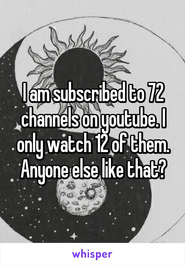 I am subscribed to 72 channels on youtube. I only watch 12 of them. Anyone else like that?