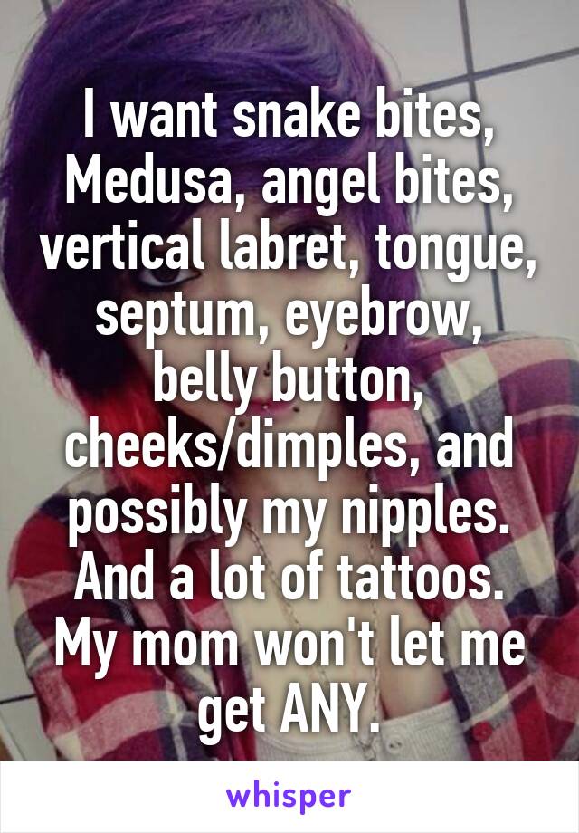 I want snake bites, Medusa, angel bites, vertical labret, tongue, septum, eyebrow, belly button, cheeks/dimples, and possibly my nipples. And a lot of tattoos. My mom won't let me get ANY.