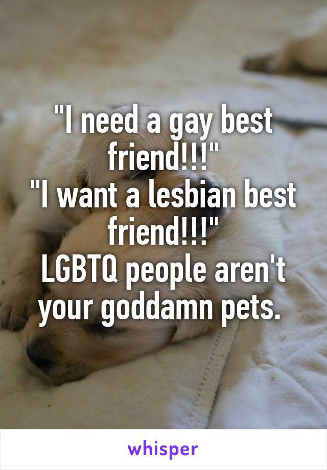 "I need a gay best friend!!!"
"I want a lesbian best friend!!!"
LGBTQ people aren't your goddamn pets. 
