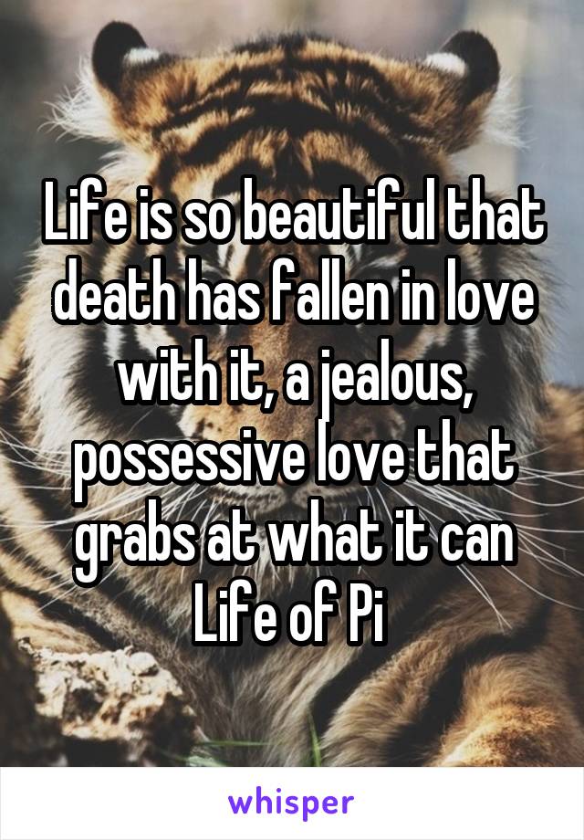 Life is so beautiful that death has fallen in love with it, a jealous, possessive love that grabs at what it can
Life of Pi 