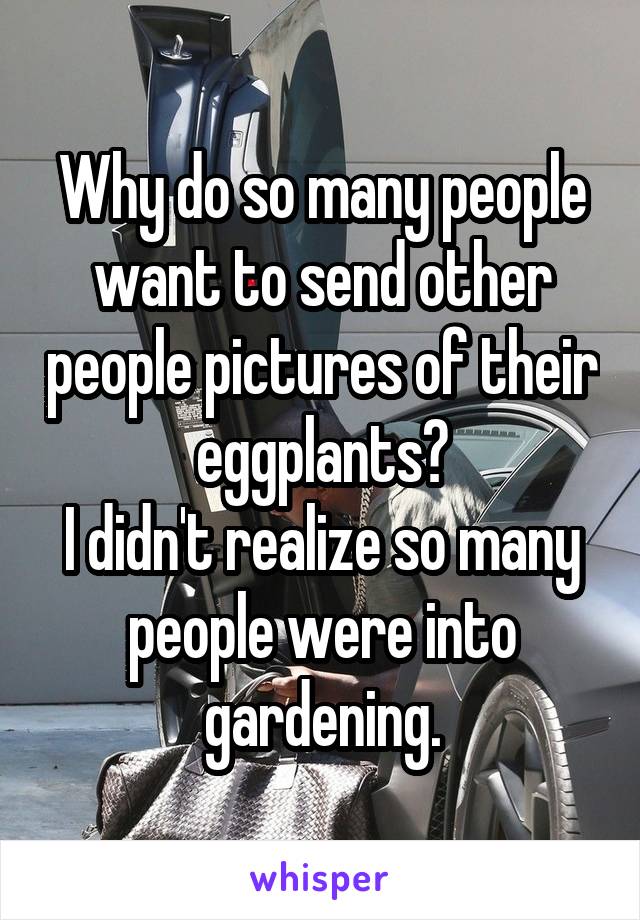 Why do so many people want to send other people pictures of their eggplants?
I didn't realize so many people were into gardening.