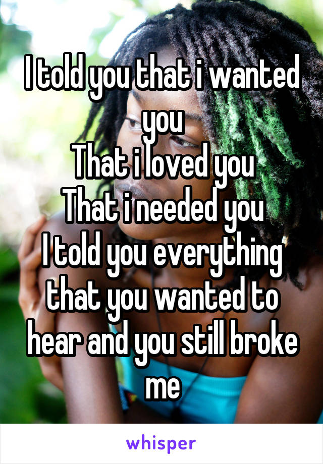 I told you that i wanted you
That i loved you
That i needed you
I told you everything that you wanted to hear and you still broke me