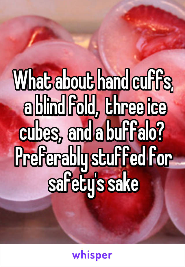 What about hand cuffs,  a blind fold,  three ice cubes,  and a buffalo?  Preferably stuffed for safety's sake