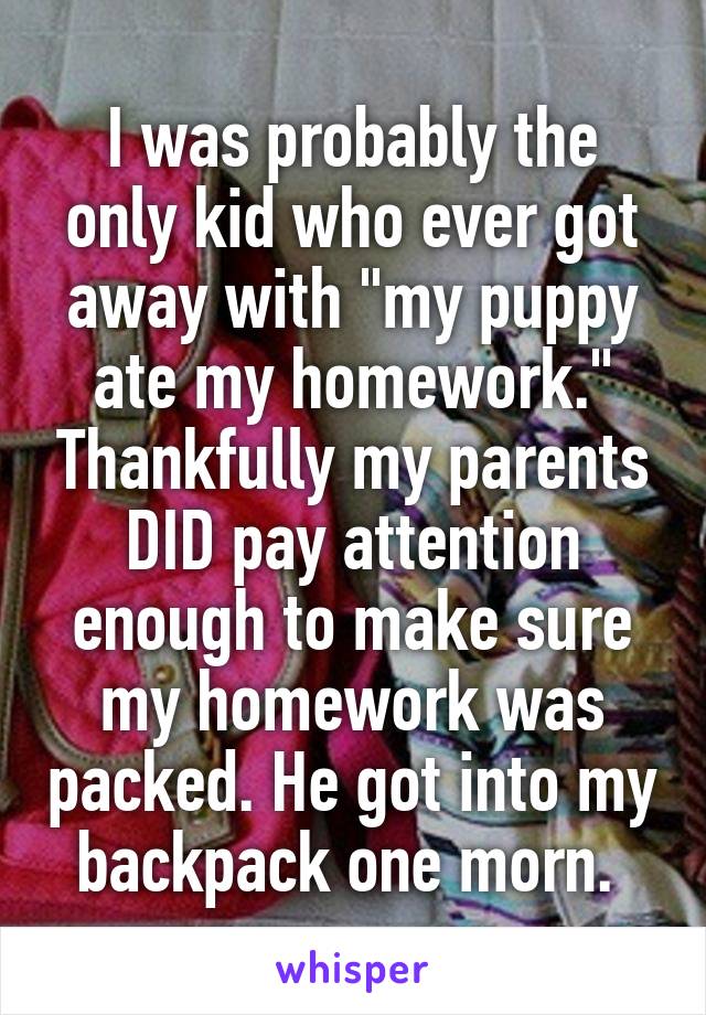 I was probably the only kid who ever got away with "my puppy ate my homework." Thankfully my parents DID pay attention enough to make sure my homework was packed. He got into my backpack one morn. 