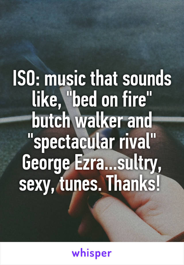 ISO: music that sounds like, "bed on fire" butch walker and "spectacular rival" George Ezra...sultry, sexy, tunes. Thanks! 