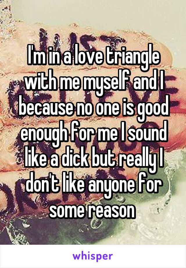 I'm in a love triangle with me myself and I because no one is good enough for me I sound like a dick but really I don't like anyone for some reason 