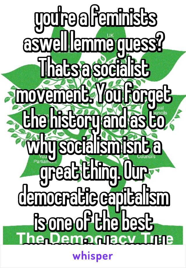  you're a feminists aswell lemme guess? Thats a socialist movement. You forget the history and as to why socialism isnt a great thing. Our democratic capitalism is one of the best systems in the world