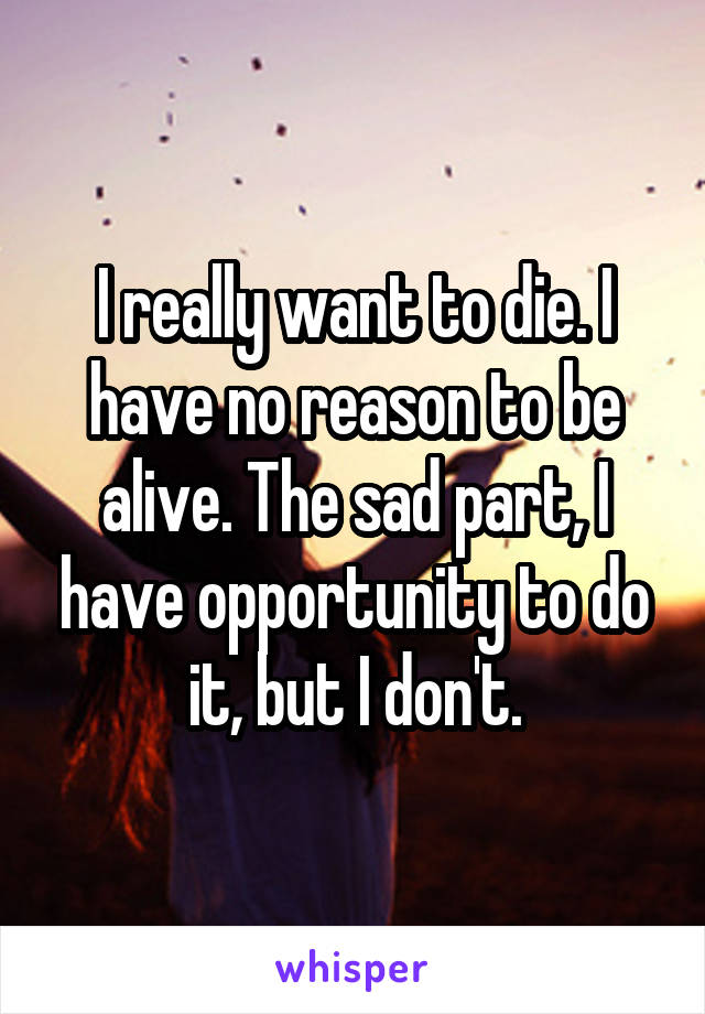 I really want to die. I have no reason to be alive. The sad part, I have opportunity to do it, but I don't.