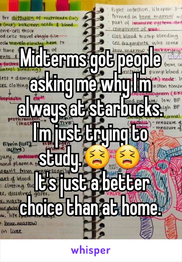 Midterms got people asking me why I'm always at starbucks. I'm just trying to study.😣😣
 It's just a better choice than at home.