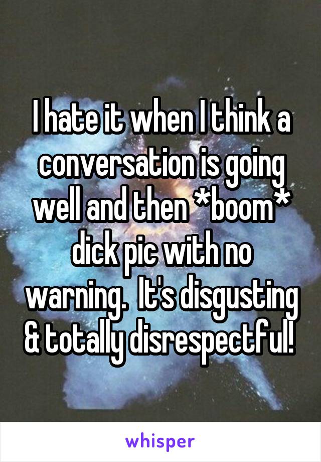 I hate it when I think a conversation is going well and then *boom* dick pic with no warning.  It's disgusting & totally disrespectful! 