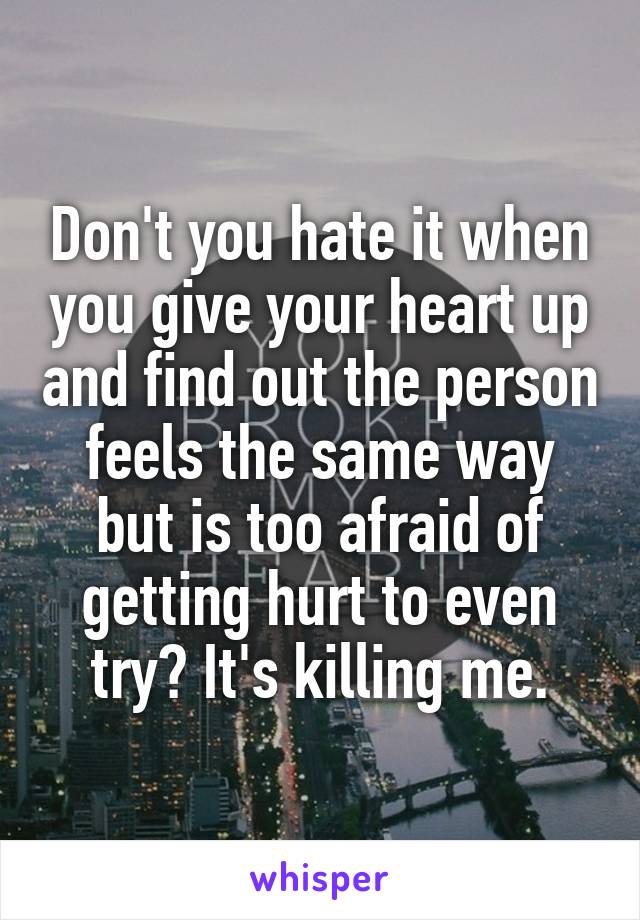 Don't you hate it when you give your heart up and find out the person feels the same way but is too afraid of getting hurt to even try? It's killing me.