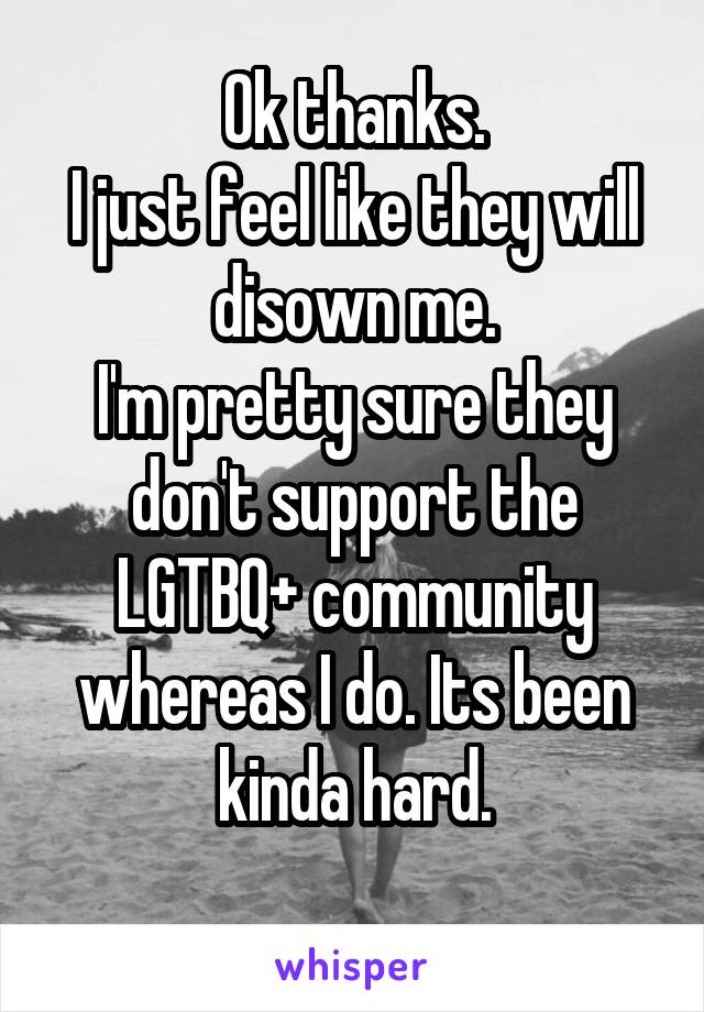 Ok thanks.
I just feel like they will disown me.
I'm pretty sure they don't support the LGTBQ+ community whereas I do. Its been kinda hard.
