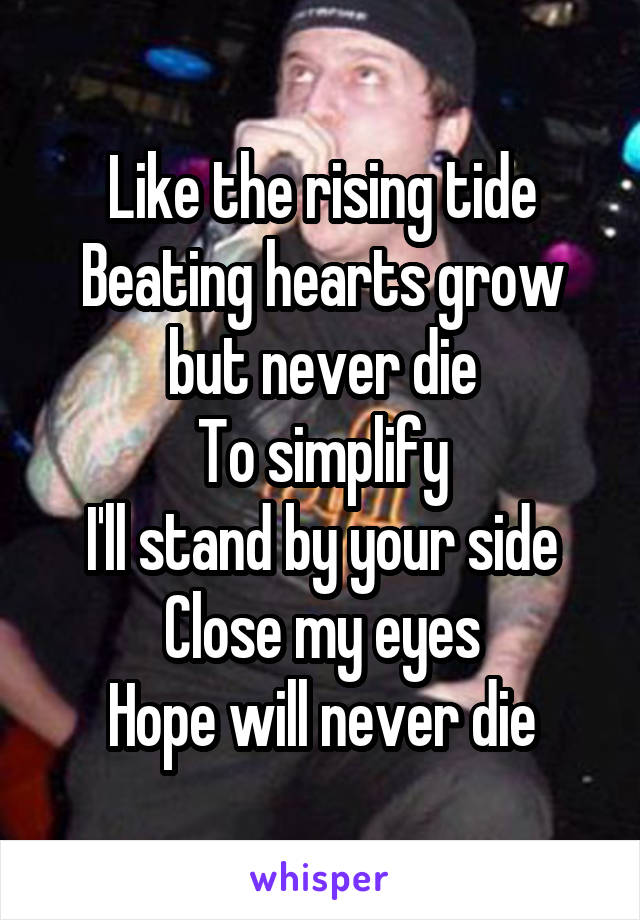 Like the rising tide
Beating hearts grow but never die
To simplify
I'll stand by your side
Close my eyes
Hope will never die