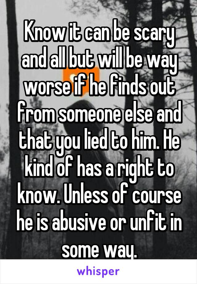Know it can be scary and all but will be way worse if he finds out from someone else and that you lied to him. He kind of has a right to know. Unless of course he is abusive or unfit in some way.
