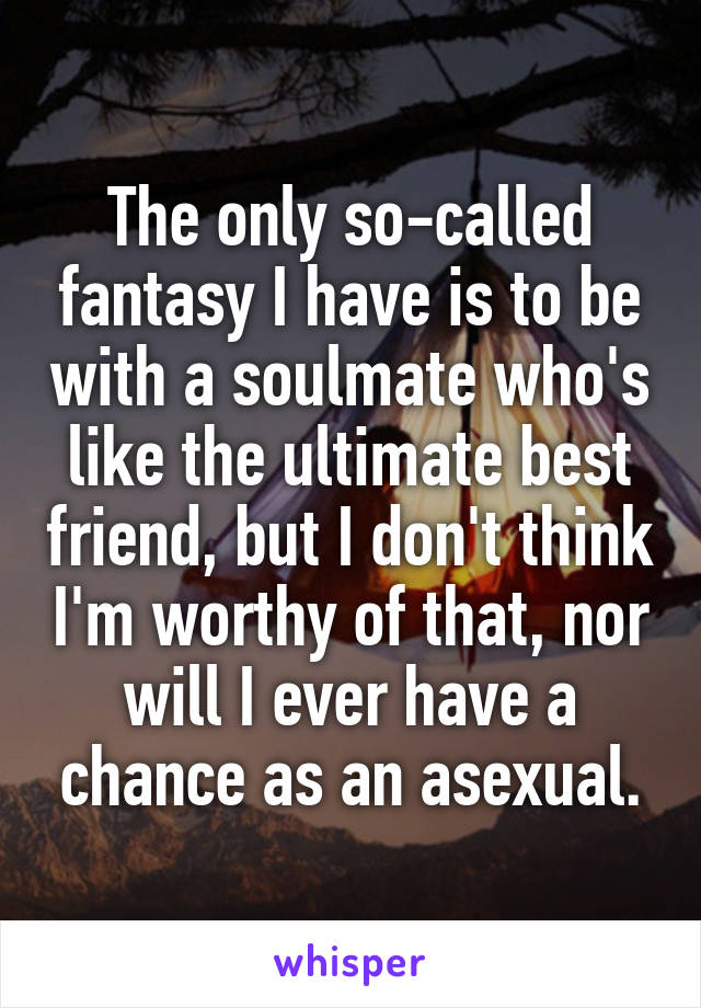 The only so-called fantasy I have is to be with a soulmate who's like the ultimate best friend, but I don't think I'm worthy of that, nor will I ever have a chance as an asexual.