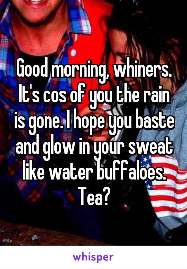 Good morning, whiners. It's cos of you the rain is gone. I hope you baste and glow in your sweat like water buffaloes. Tea?