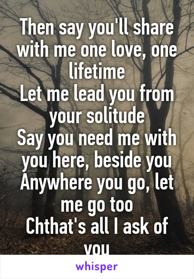 Then say you'll share with me one love, one lifetime
Let me lead you from your solitude
Say you need me with you here, beside you
Anywhere you go, let me go too
Chthat's all I ask of you