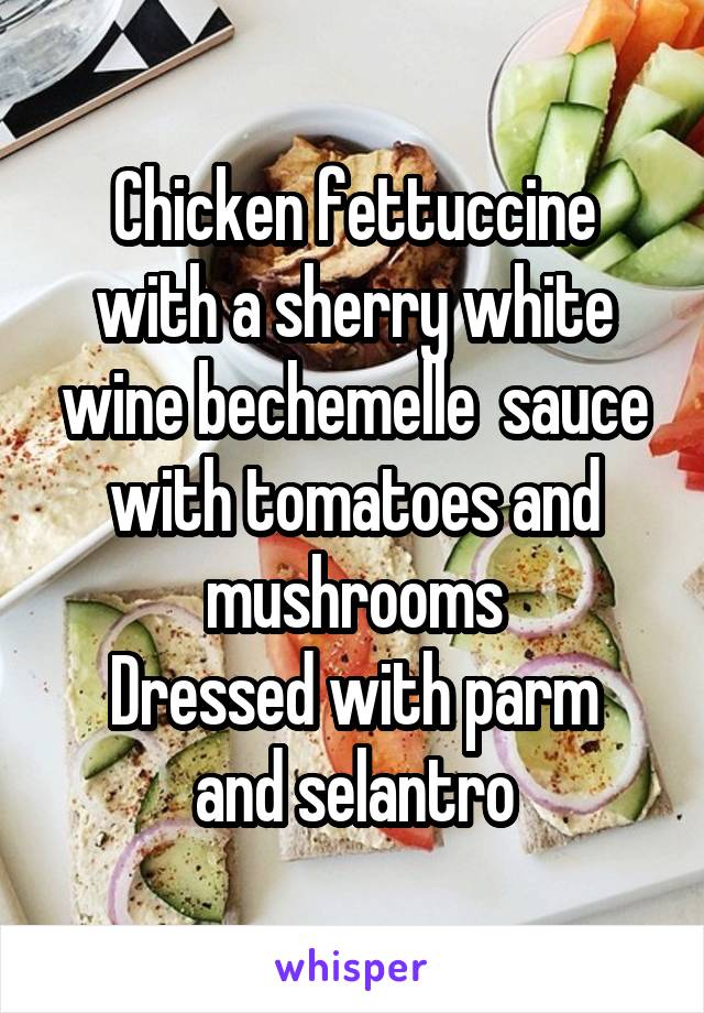 Chicken fettuccine with a sherry white wine bechemelle  sauce with tomatoes and mushrooms
Dressed with parm and selantro