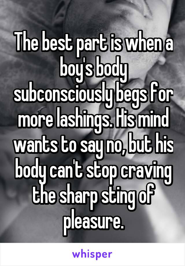 The best part is when a boy's body subconsciously begs for more lashings. His mind wants to say no, but his body can't stop craving the sharp sting of pleasure.