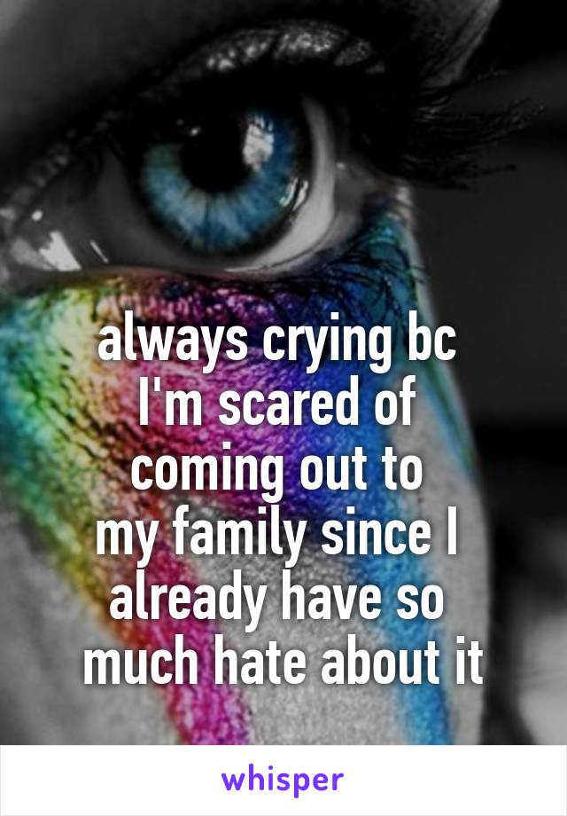 


always crying bc 
I'm scared of 
coming out to 
my family since I 
already have so 
much hate about it