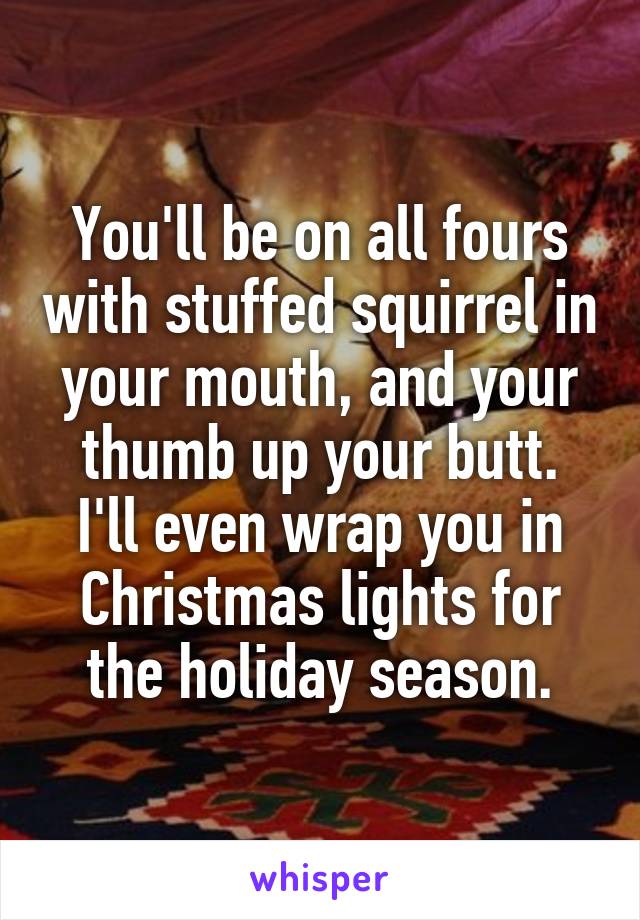 You'll be on all fours with stuffed squirrel in your mouth, and your thumb up your butt.
I'll even wrap you in Christmas lights for the holiday season.