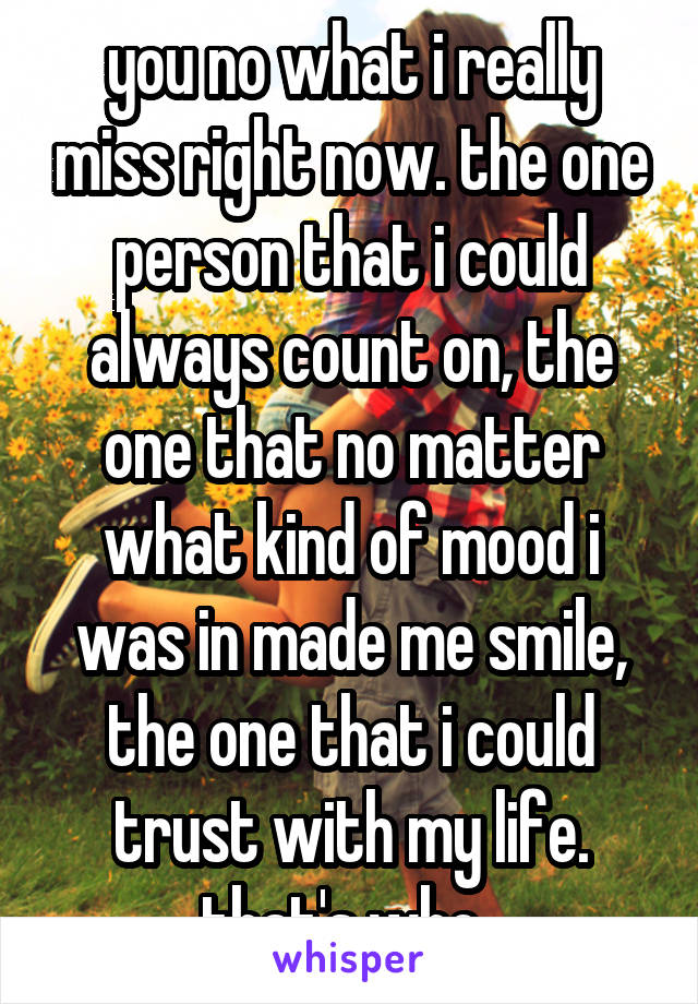 you no what i really miss right now. the one person that i could always count on, the one that no matter what kind of mood i was in made me smile, the one that i could trust with my life. that's who..