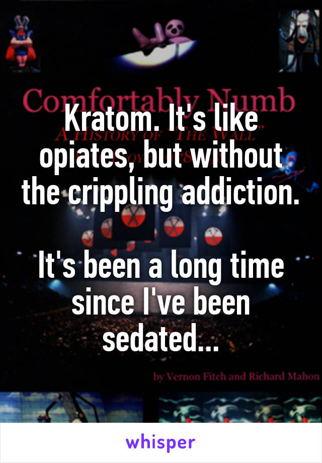 Kratom. It's like opiates, but without the crippling addiction.

It's been a long time since I've been sedated...