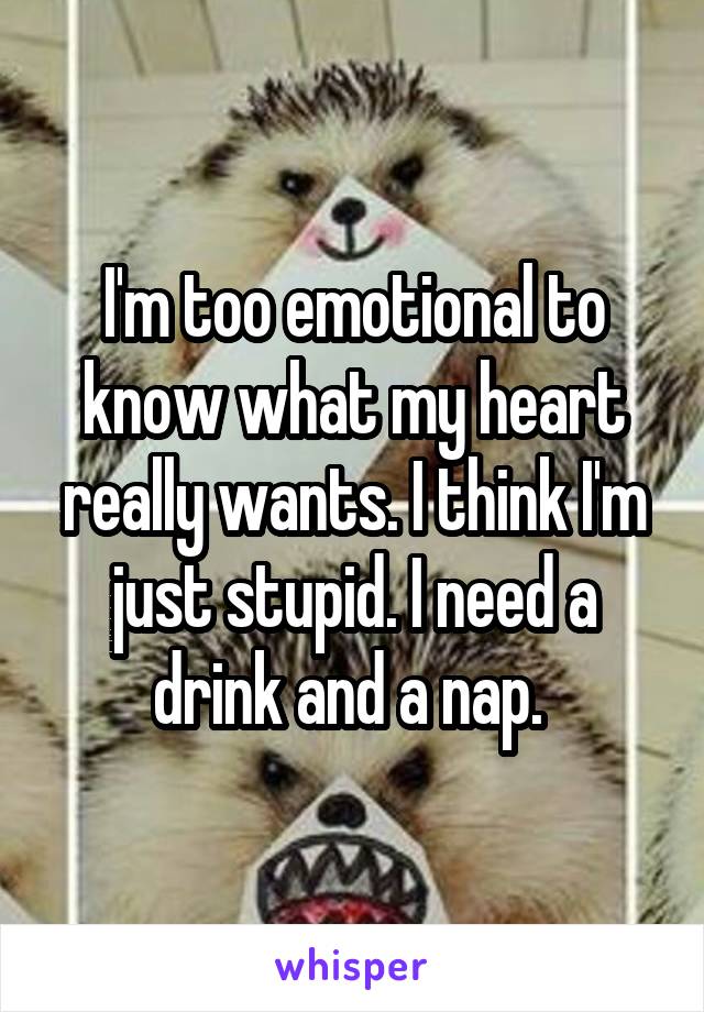 I'm too emotional to know what my heart really wants. I think I'm just stupid. I need a drink and a nap. 