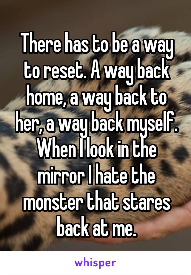 There has to be a way to reset. A way back home, a way back to her, a way back myself. When I look in the mirror I hate the monster that stares back at me.