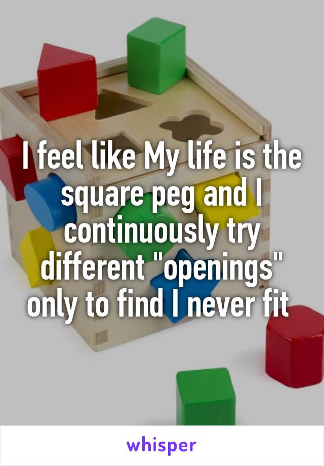 I feel like My life is the square peg and I continuously try different "openings" only to find I never fit 