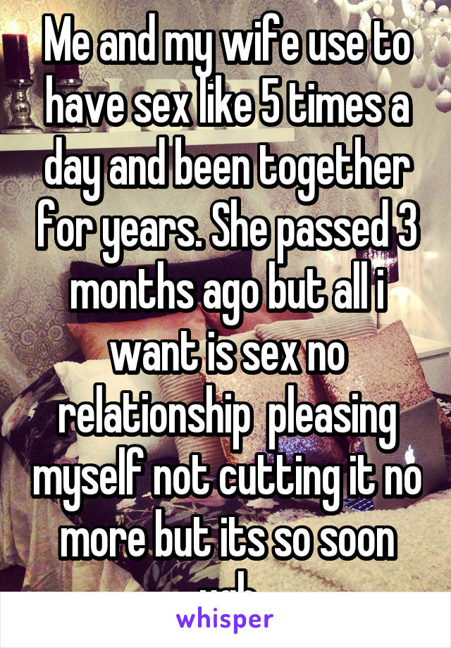 Me and my wife use to have sex like 5 times a day and been together for years. She passed 3 months ago but all i want is sex no relationship  pleasing myself not cutting it no more but its so soon ugh