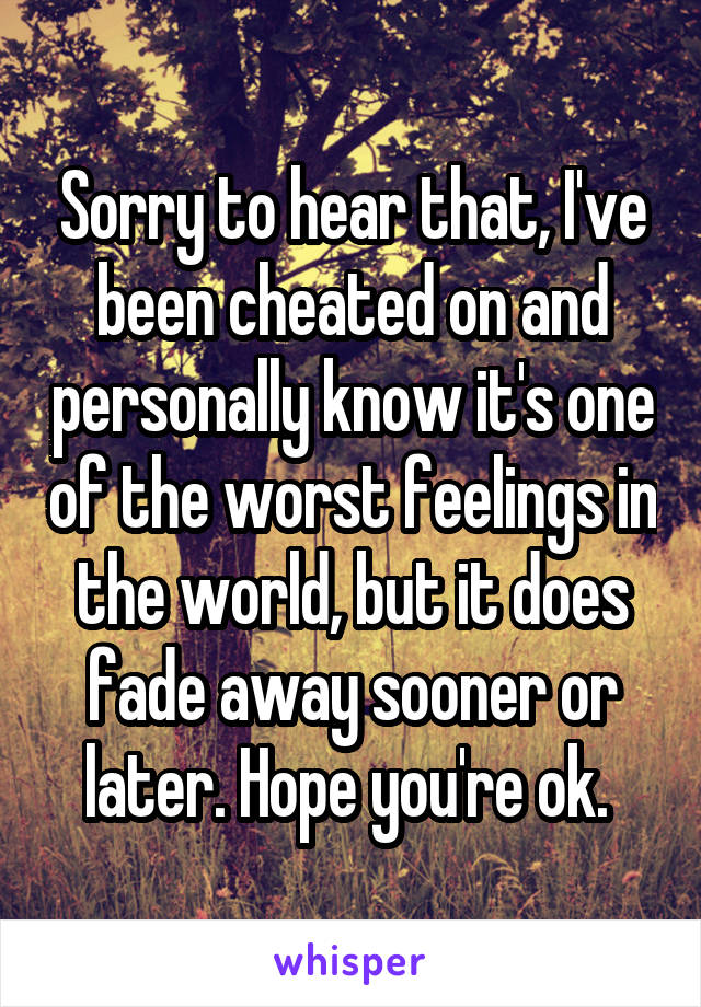 Sorry to hear that, I've been cheated on and personally know it's one of the worst feelings in the world, but it does fade away sooner or later. Hope you're ok. 