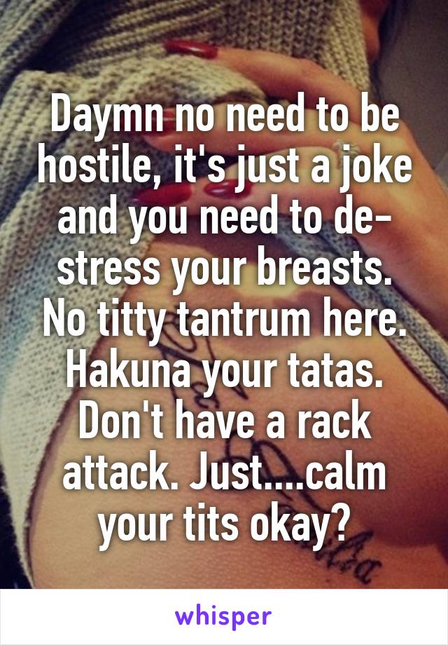 Daymn no need to be hostile, it's just a joke and you need to de- stress your breasts. No titty tantrum here. Hakuna your tatas. Don't have a rack attack. Just....calm your tits okay?