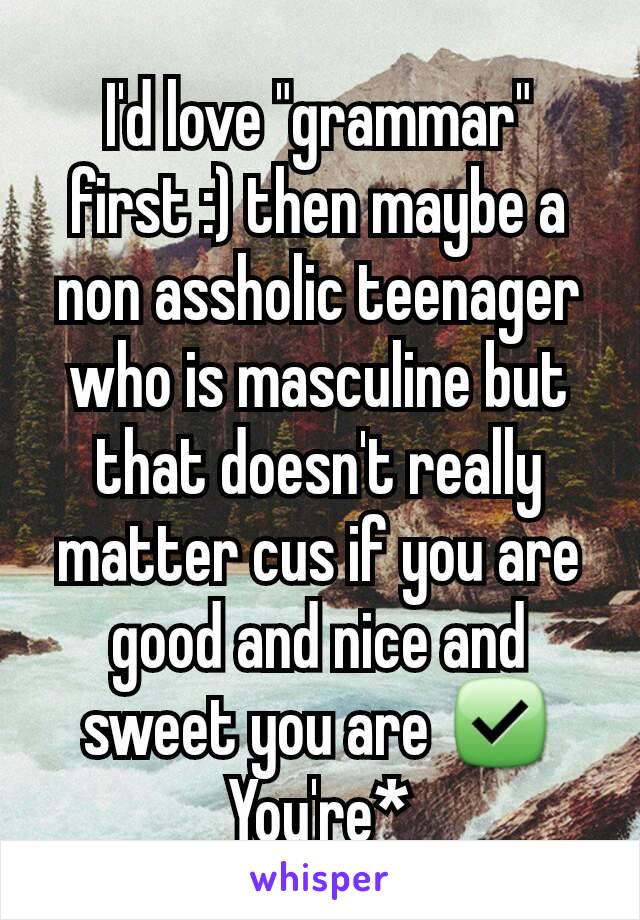 I'd love "grammar" first :) then maybe a non assholic teenager who is masculine but that doesn't really matter cus if you are good and nice and sweet you are ✅
You're*