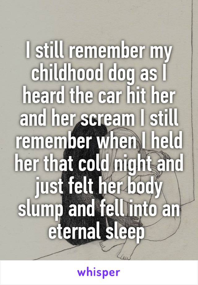 I still remember my childhood dog as I heard the car hit her and her scream I still remember when I held her that cold night and just felt her body slump and fell into an eternal sleep 