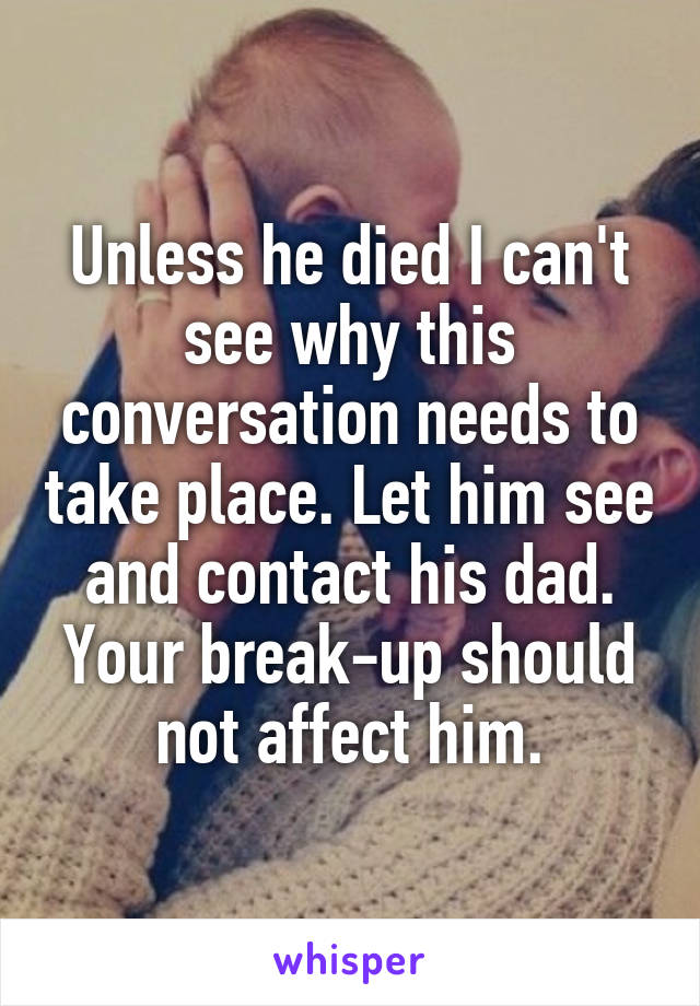 Unless he died I can't see why this conversation needs to take place. Let him see and contact his dad. Your break-up should not affect him.