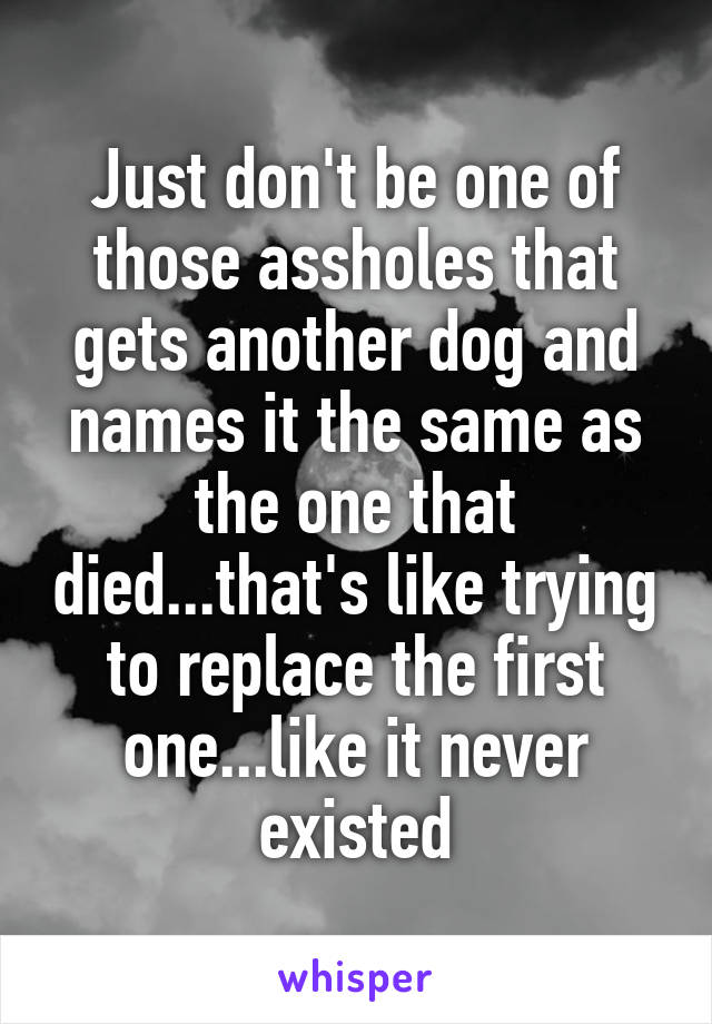 Just don't be one of those assholes that gets another dog and names it the same as the one that died...that's like trying to replace the first one...like it never existed