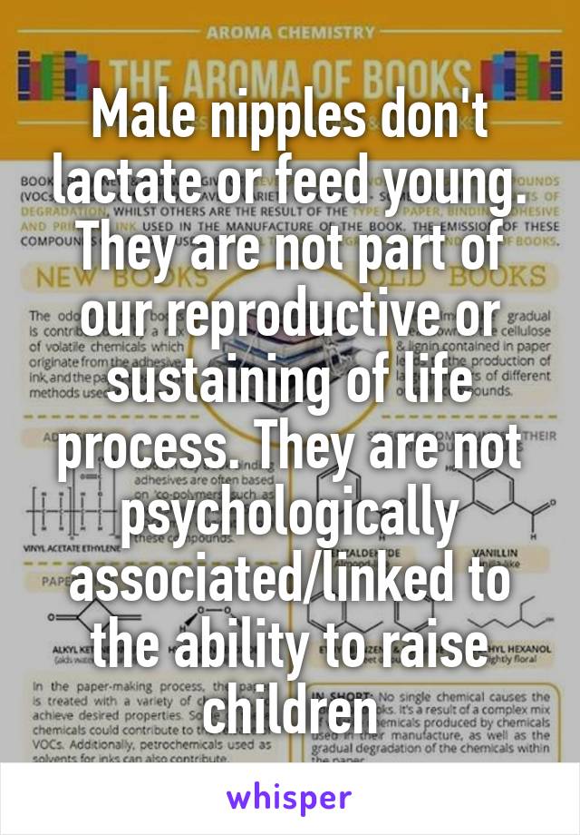 Male nipples don't lactate or feed young. They are not part of our reproductive or sustaining of life process. They are not psychologically associated/linked to the ability to raise children