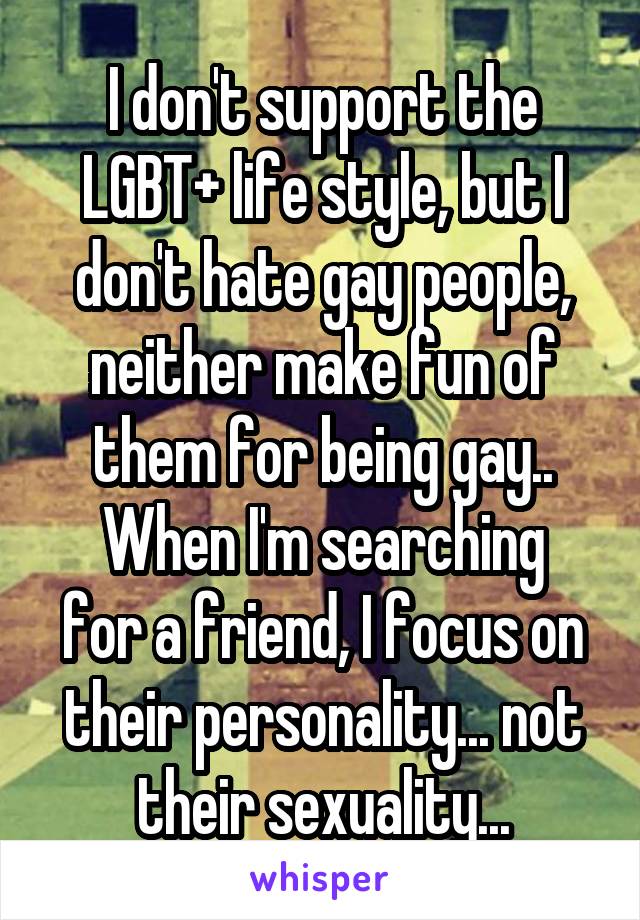 I don't support the LGBT+ life style, but I don't hate gay people, neither make fun of them for being gay..
When I'm searching for a friend, I focus on their personality... not their sexuality...