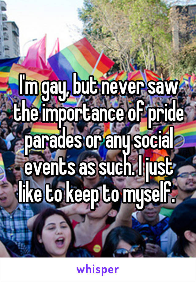 I'm gay, but never saw the importance of pride parades or any social events as such. I just like to keep to myself. 