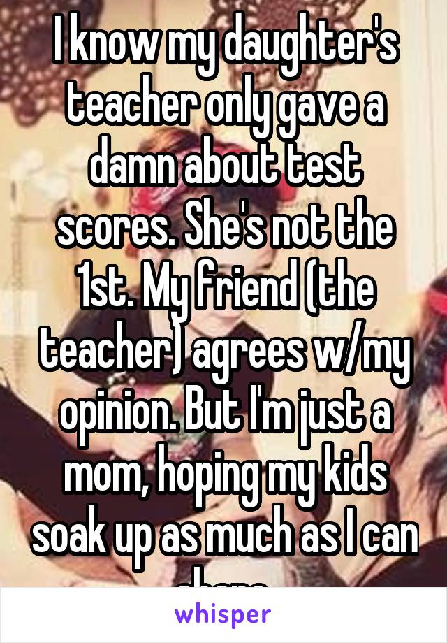 I know my daughter's teacher only gave a damn about test scores. She's not the 1st. My friend (the teacher) agrees w/my opinion. But I'm just a mom, hoping my kids soak up as much as I can share.