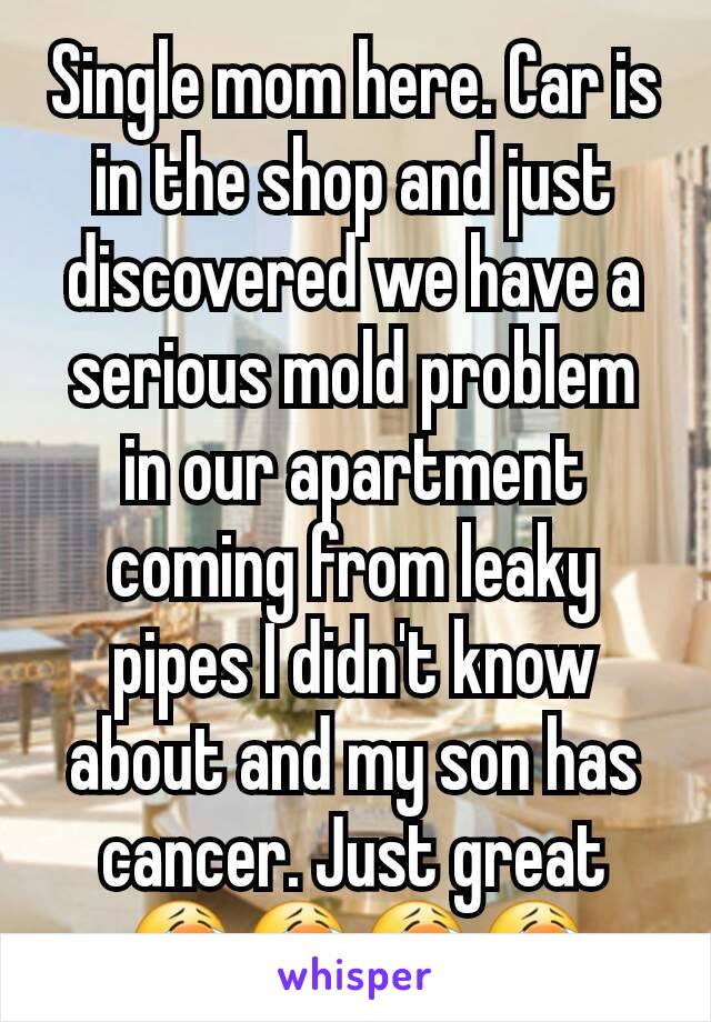 Single mom here. Car is in the shop and just discovered we have a serious mold problem in our apartment coming from leaky pipes I didn't know about and my son has cancer. Just great 😭😭😭😭