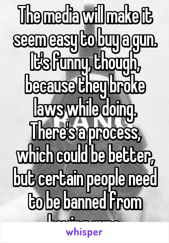 The media will make it seem easy to buy a gun. It's funny, though, because they broke laws while doing. There's a process, which could be better, but certain people need to be banned from having guns.