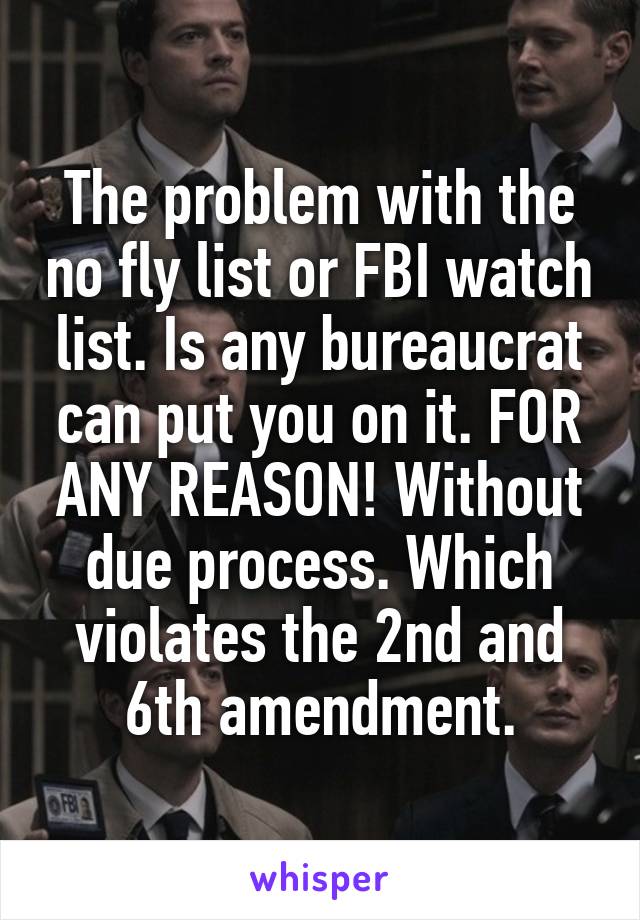 The problem with the no fly list or FBI watch list. Is any bureaucrat can put you on it. FOR ANY REASON! Without due process. Which violates the 2nd and 6th amendment.