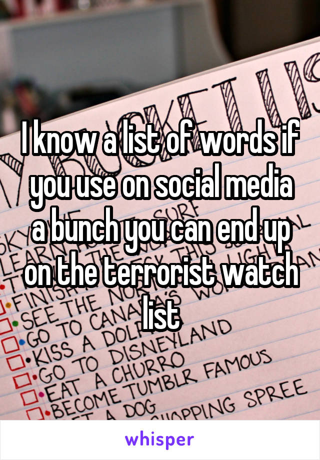 I know a list of words if you use on social media a bunch you can end up on the terrorist watch list