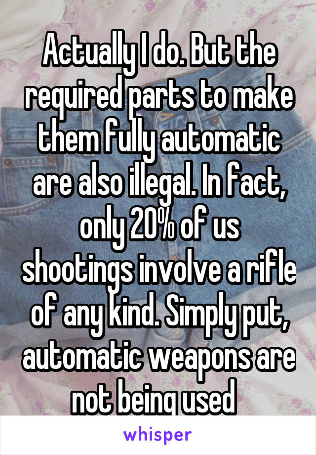 Actually I do. But the required parts to make them fully automatic are also illegal. In fact, only 20% of us shootings involve a rifle of any kind. Simply put, automatic weapons are not being used  